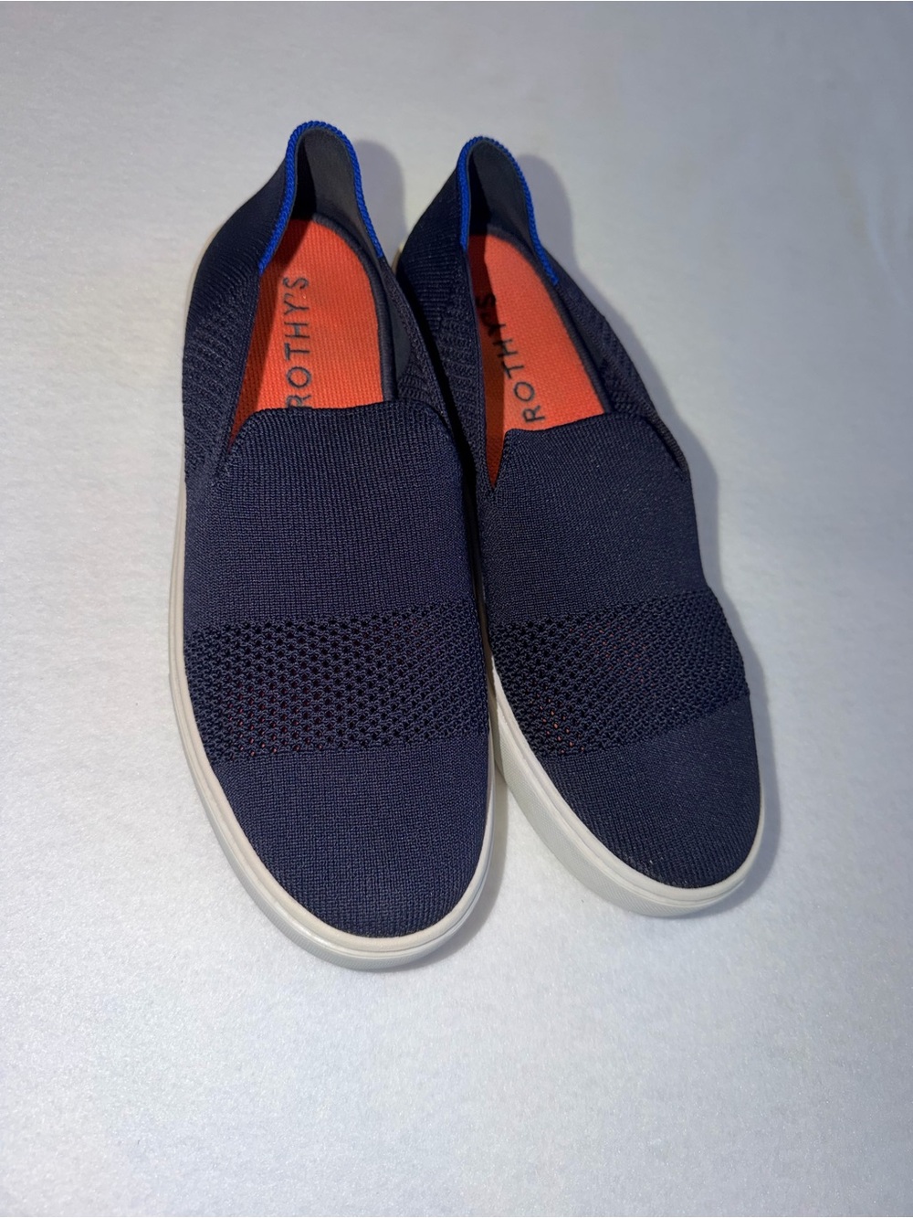 Rothy's Women’s “The Sneaker” Navy Knit Slip-Ons with White Soles